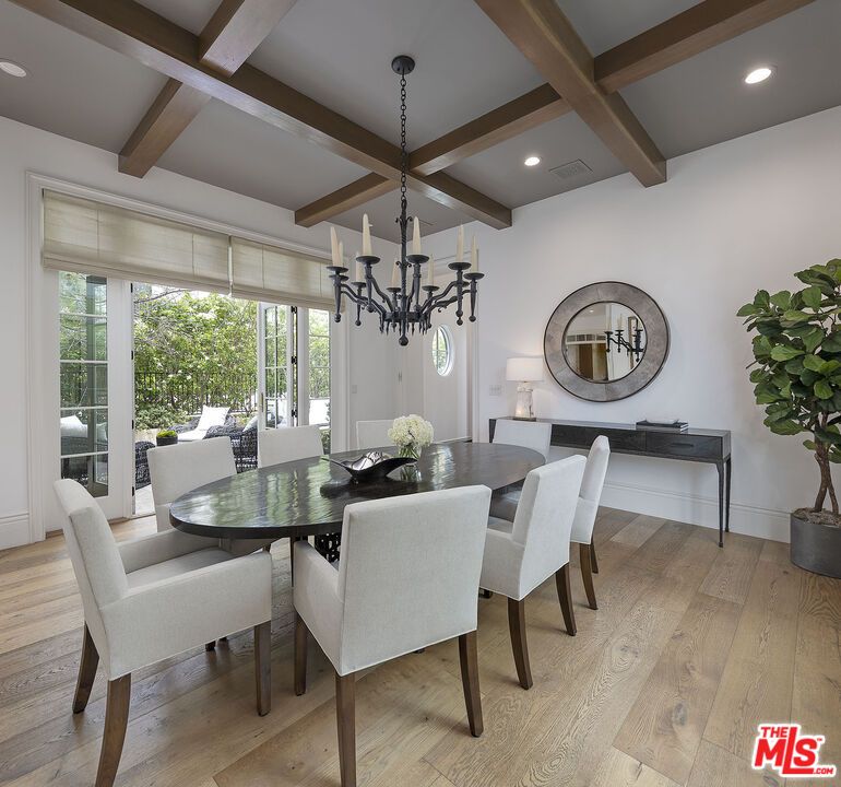 Chandelier, Dining room, Interior, Recessed Lighting, Wooden Beams, Wood Texture Flooring