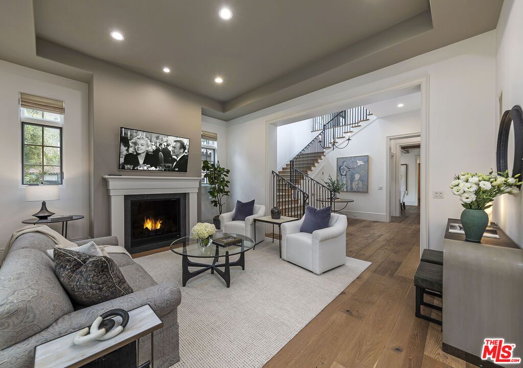 Fireplace, Interior, Living room, Recessed Lighting, Wood Texture Flooring