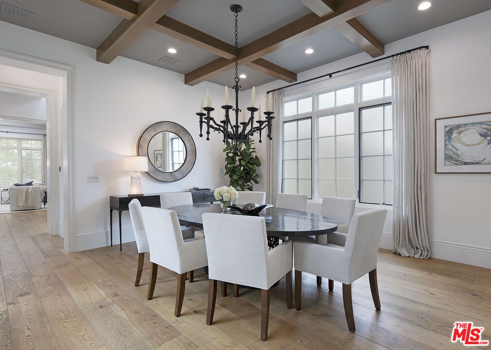 Dining room, Interior, Recessed Lighting, Wooden Beams, Wood Texture Flooring