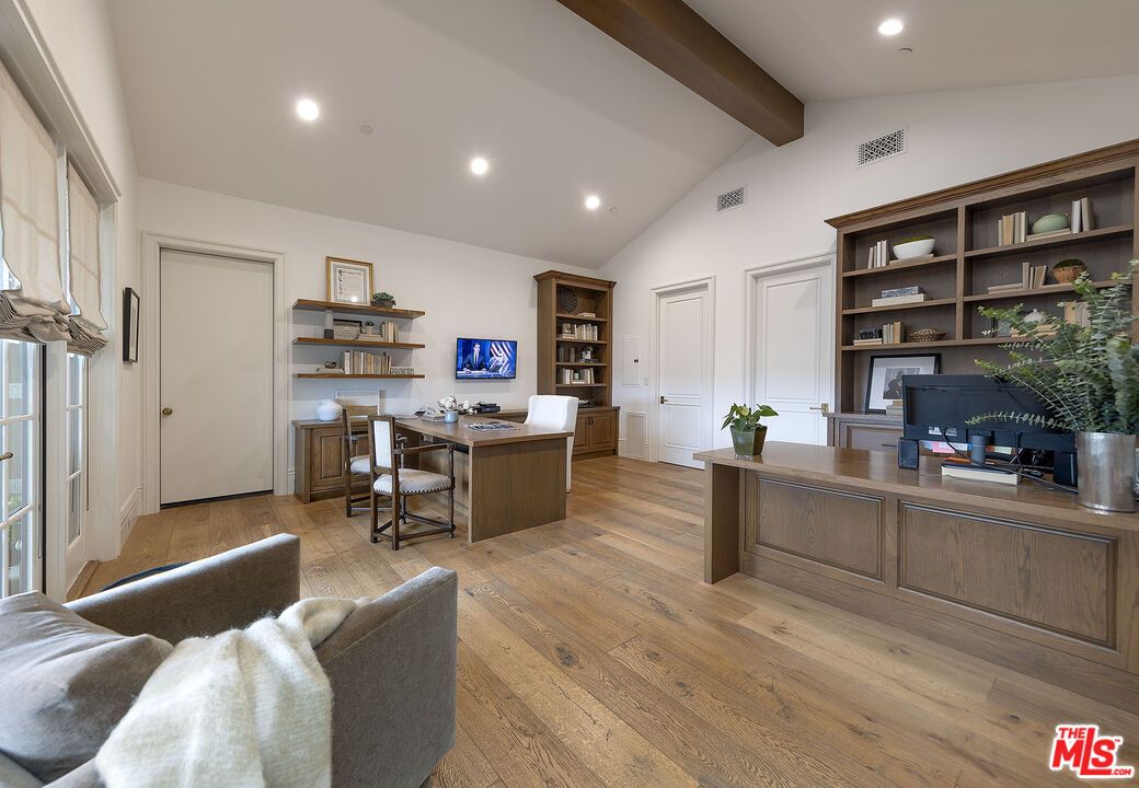 Home Office, Interior, Recessed Lighting, Wooden Beams, Wood Texture Flooring