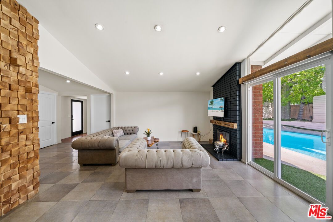 Fireplace, Interior, Living room, Recessed Lighting, Stone Walls