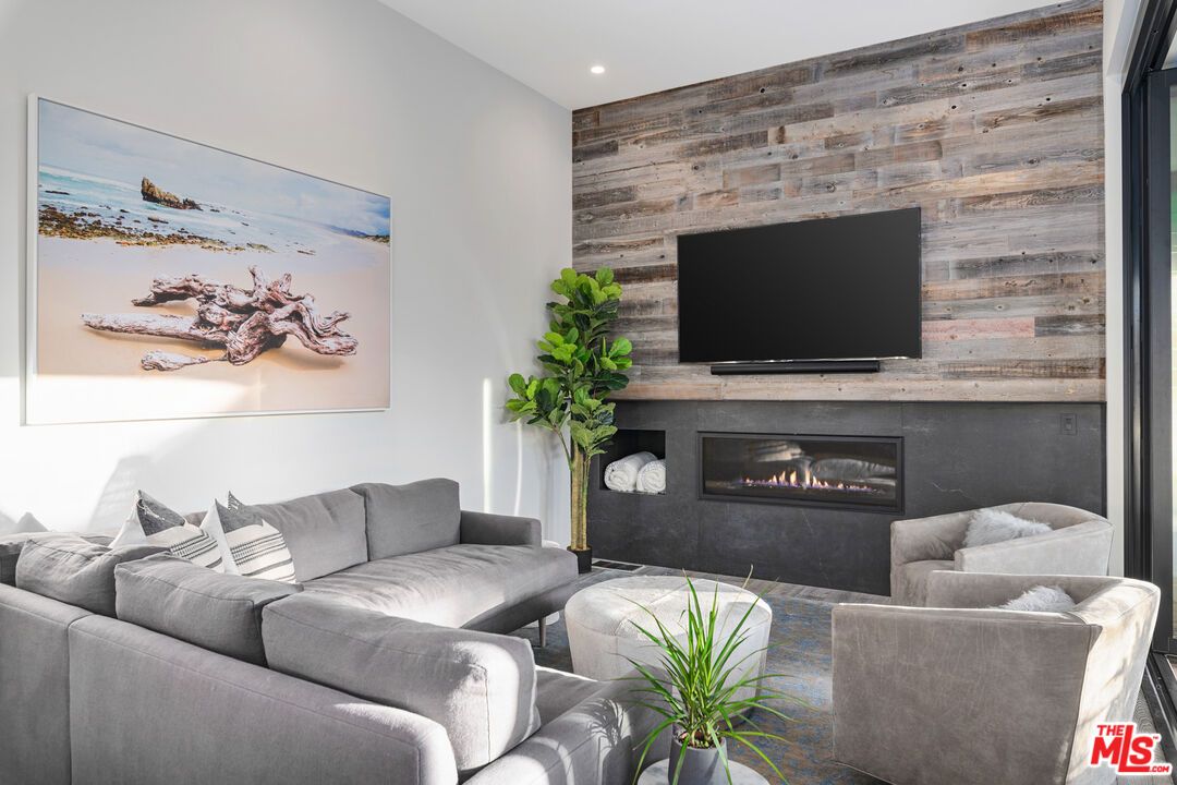 Fireplace, Interior, Living room, Recessed Lighting, Wooden Walls