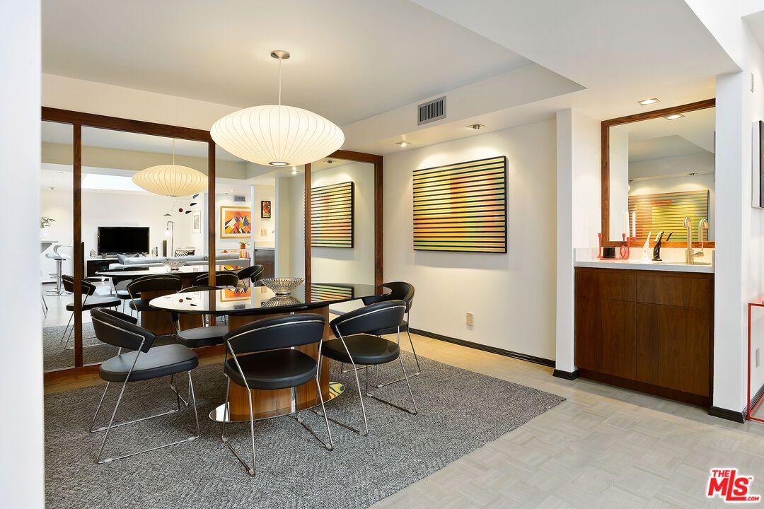 Dining room, Interior, Pendant Lights, Recessed Lighting, Wood Texture Flooring