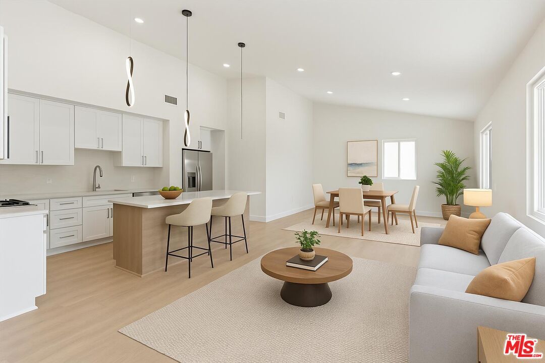 Dining room, Interior, Kitchen, Living room, Pendant Lights, Recessed Lighting, Stainless Steel Appliances, Wood Texture Flooring