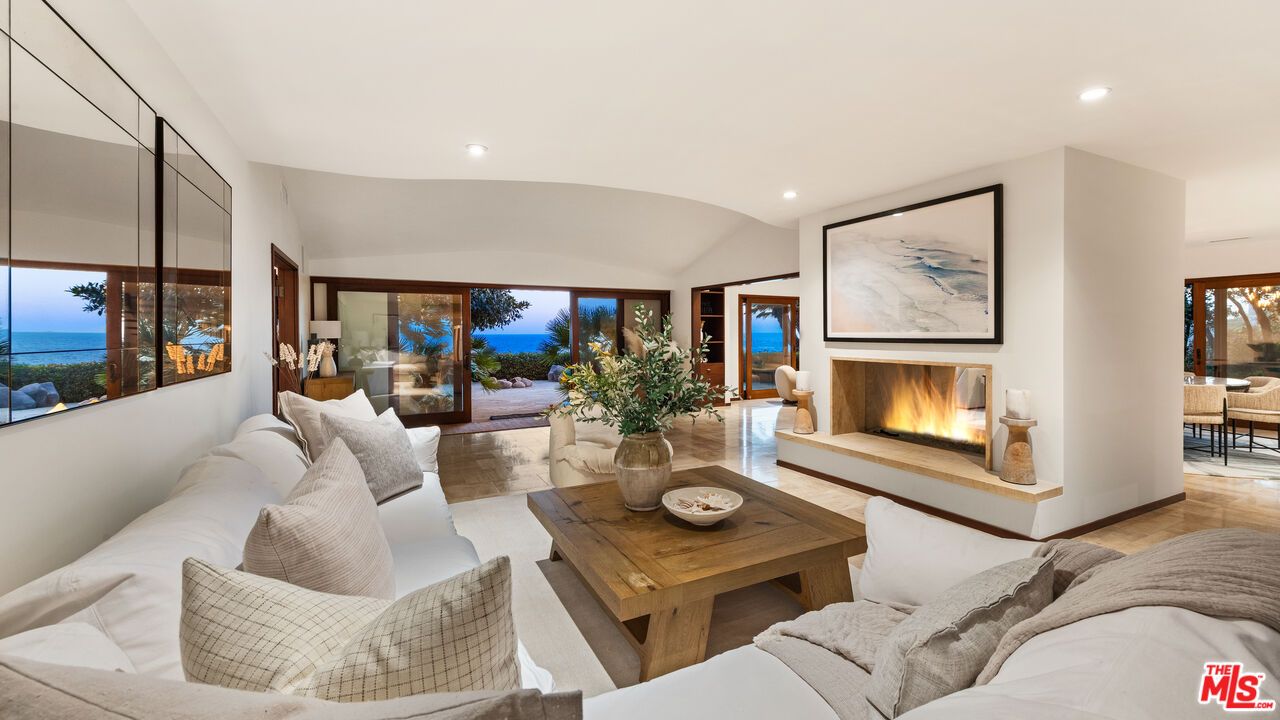 Fireplace, Interior, Living room, Recessed Lighting, Water, Wood Texture Flooring