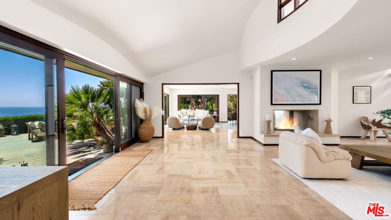 Fireplace, Interior, Living room, Recessed Lighting, Water, Wood Texture Flooring