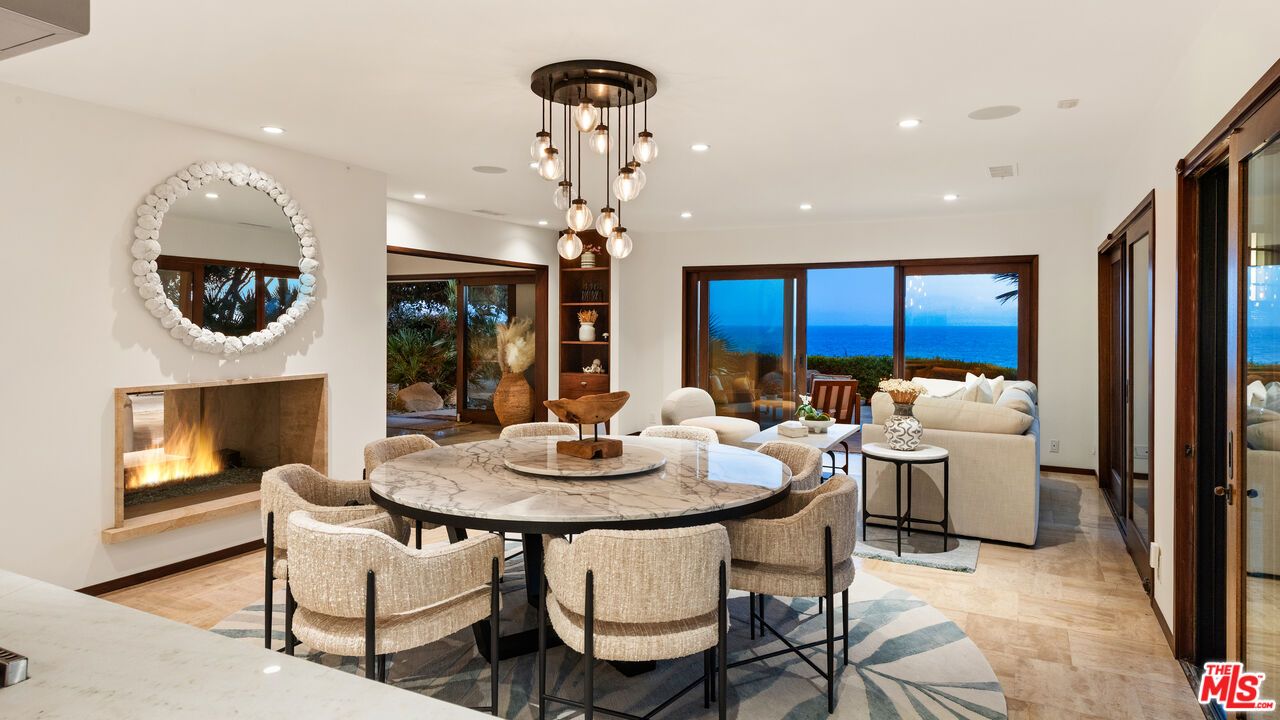 Dining room, Fireplace, Interior, Living room, Pendant Lights, Recessed Lighting, Water