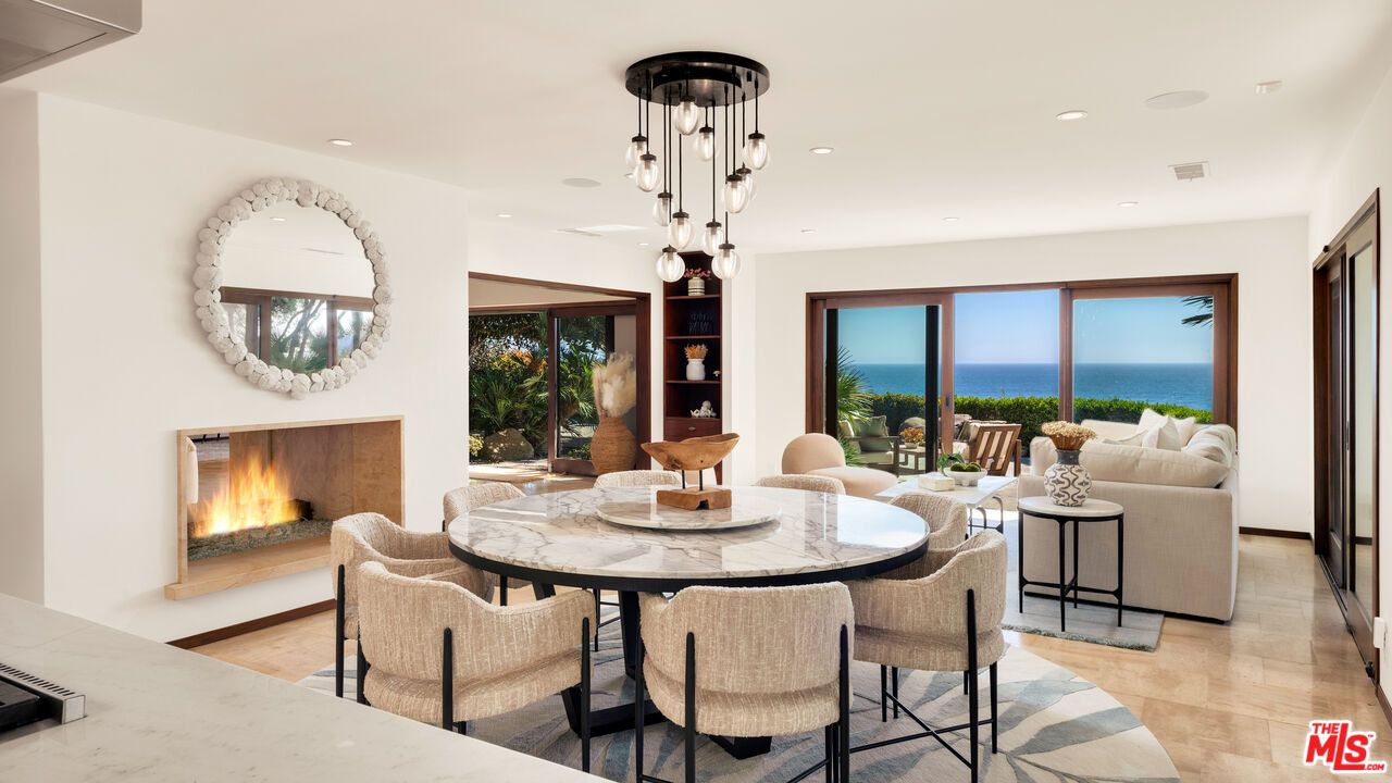 Dining room, Fireplace, Interior, Living room, Pendant Lights, Recessed Lighting, Water