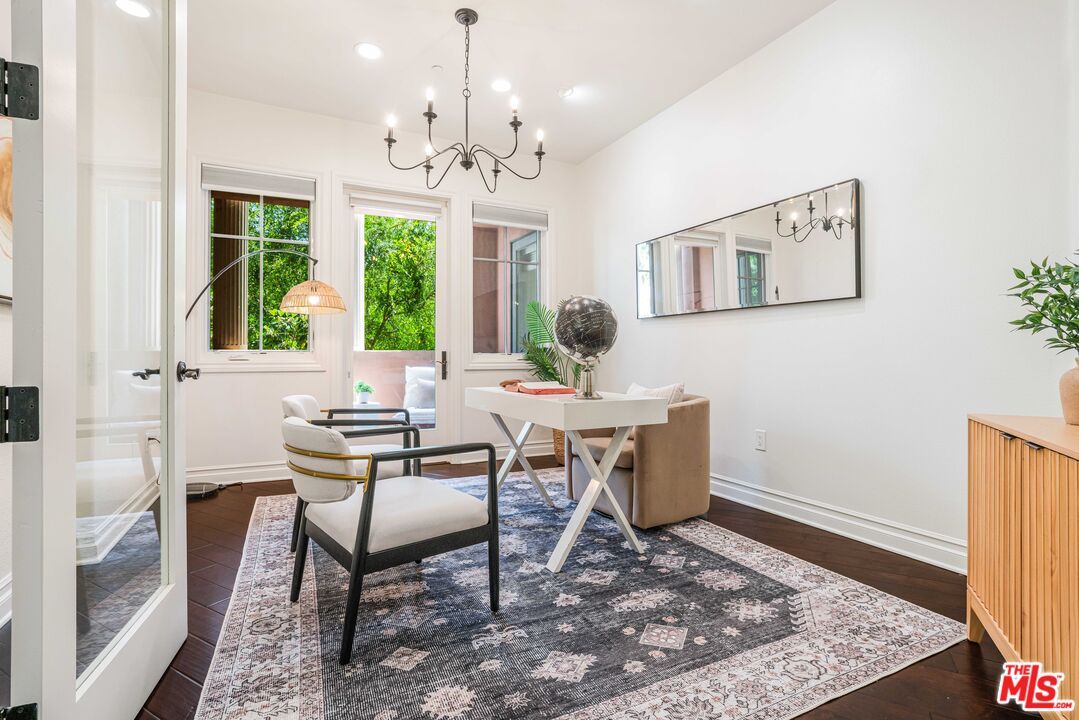 Chandelier, Home Office, Interior, Recessed Lighting, Wood Texture Flooring
