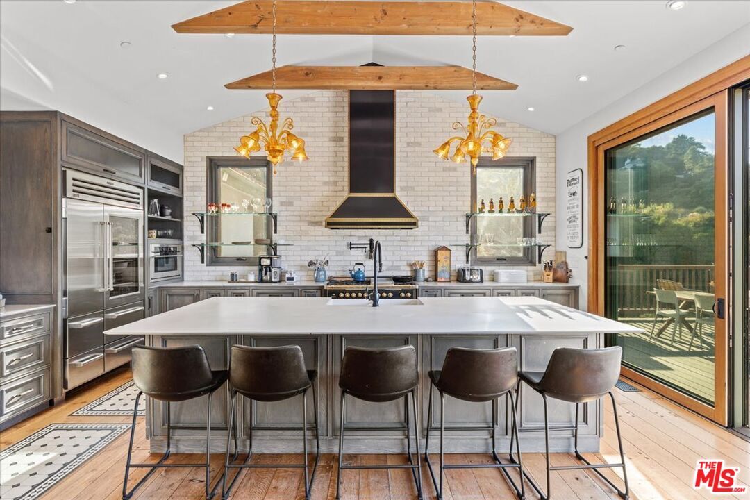 Interior, Kitchen, Pendant Lights, Recessed Lighting, Stainless Steel Appliances, Stone Walls, Wooden Beams, Wood Texture Flooring