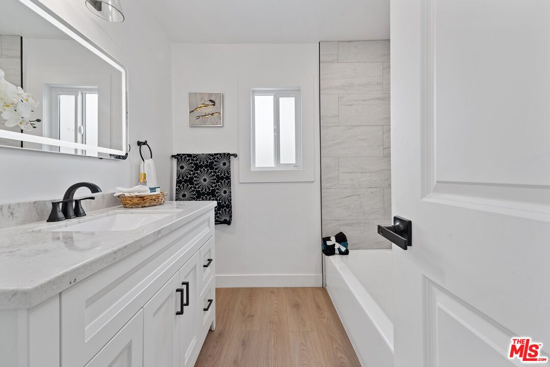 Bathroom, Interior, Marble Walls, Wood Texture Flooring
