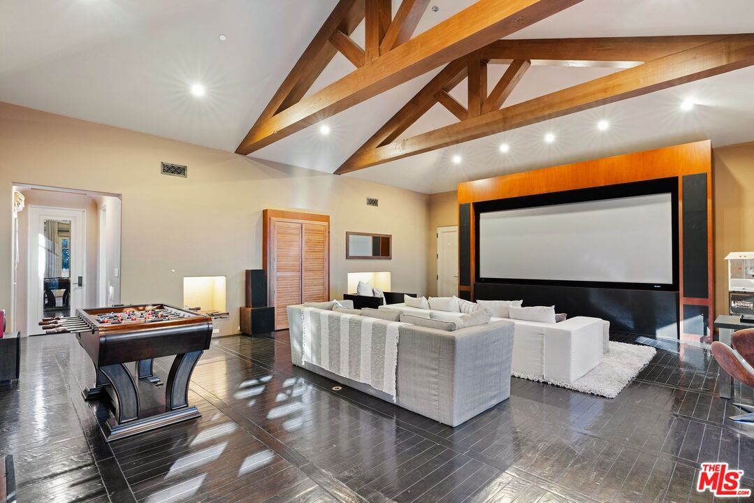 Game Room, Interior, Living room, Projection Screen, Recessed Lighting, Wooden Beams
