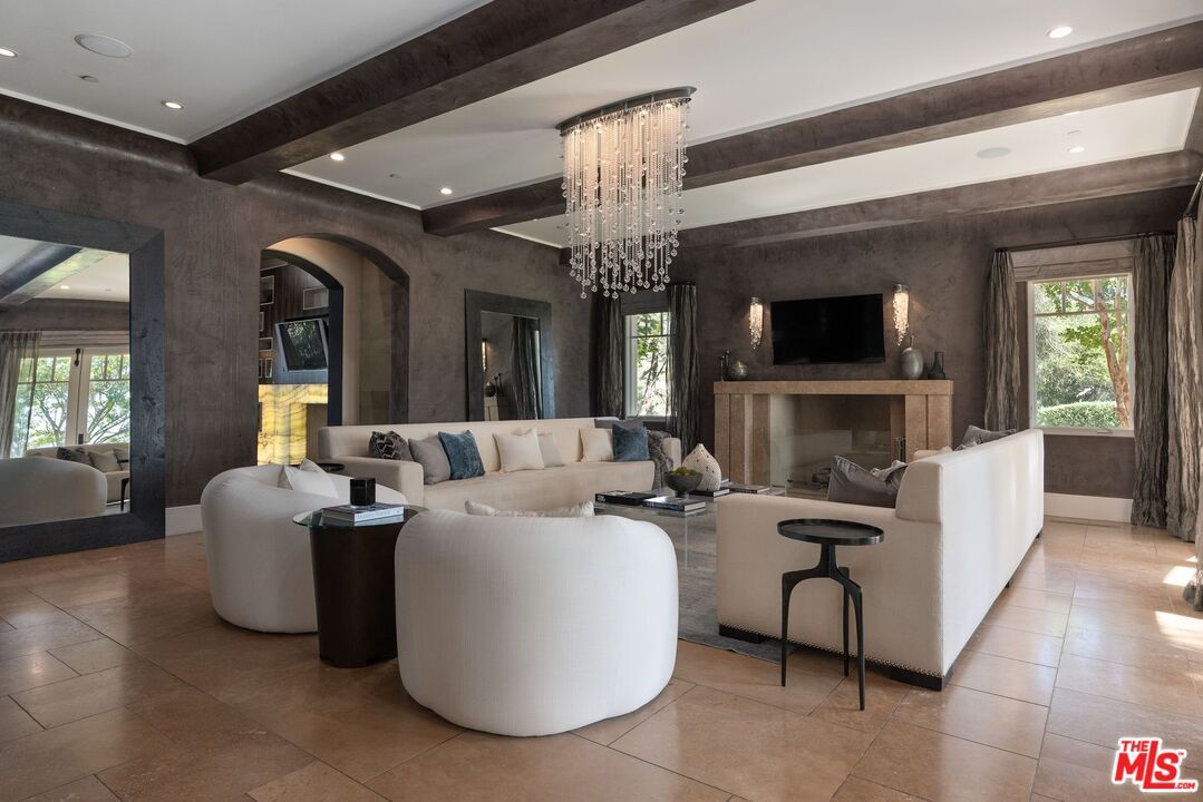 Chandelier, Fireplace, Interior, Living room, Recessed Lighting, Wooden Beams
