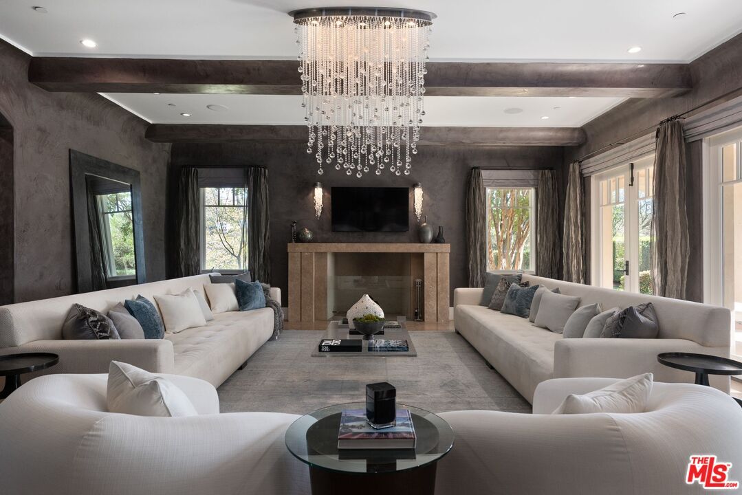 Chandelier, Fireplace, Interior, Living room, Recessed Lighting, Wooden Beams