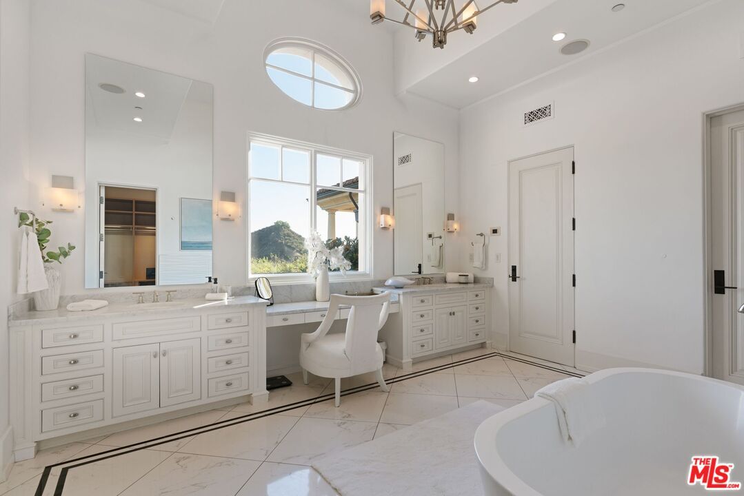 Bathroom, Chandelier, Dual Sink Vanities, Free Standing Baths, Interior, Marble, Recessed Lighting