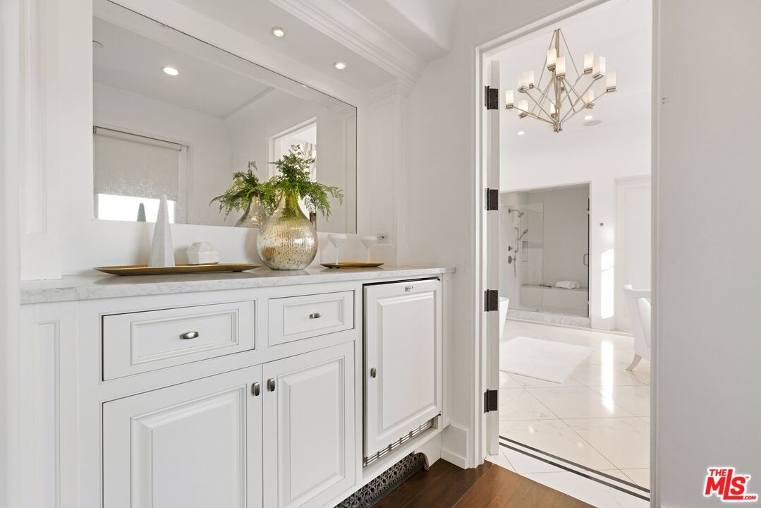 Bathroom, Glass Shower, Interior, Marble, Recessed Lighting, Wood Texture Flooring