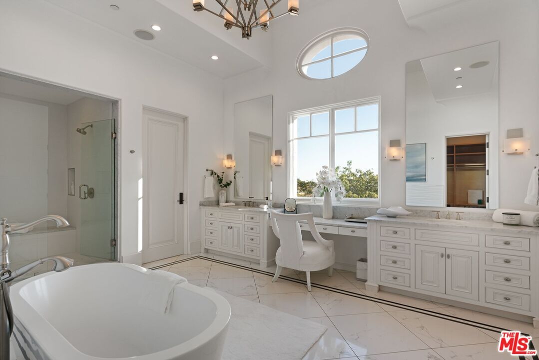 Bathroom, Dual Sink Vanities, Free Standing Baths, Glass Shower, Interior, Marble, Recessed Lighting