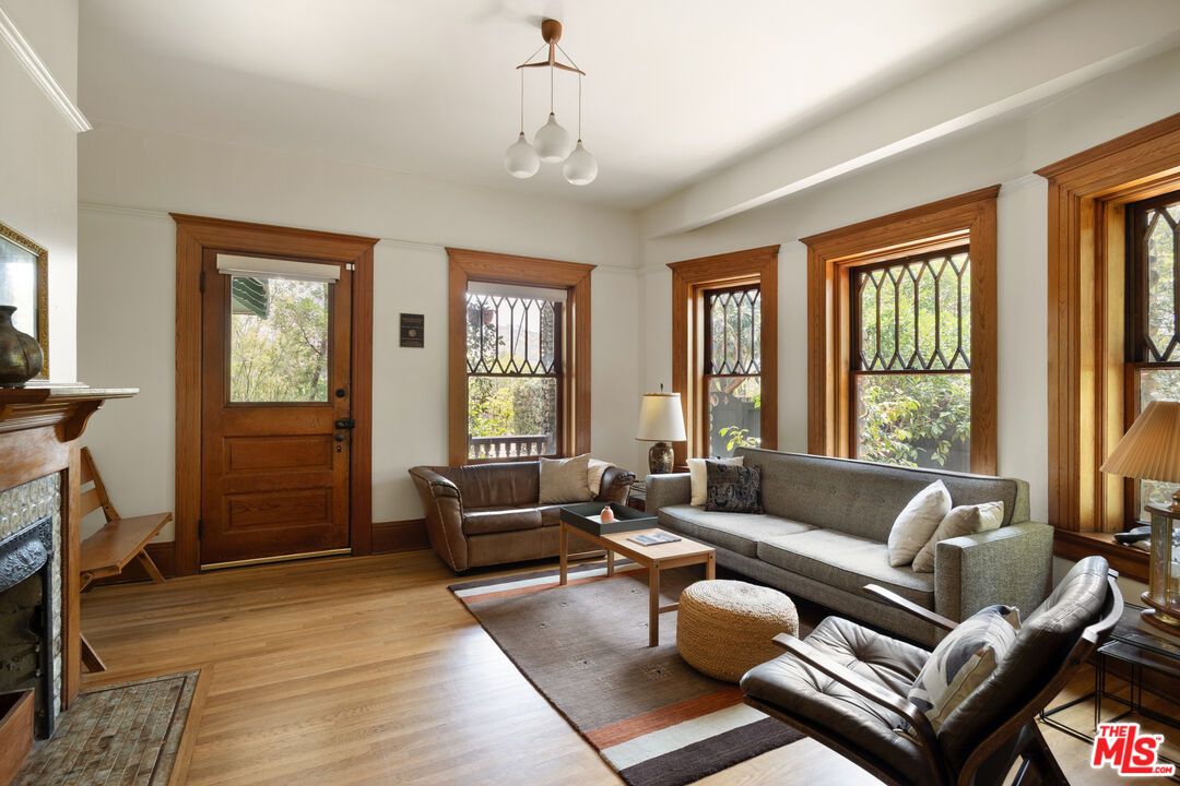 Fireplace, Interior, Living room, Pendant Lights, Wood Texture Flooring