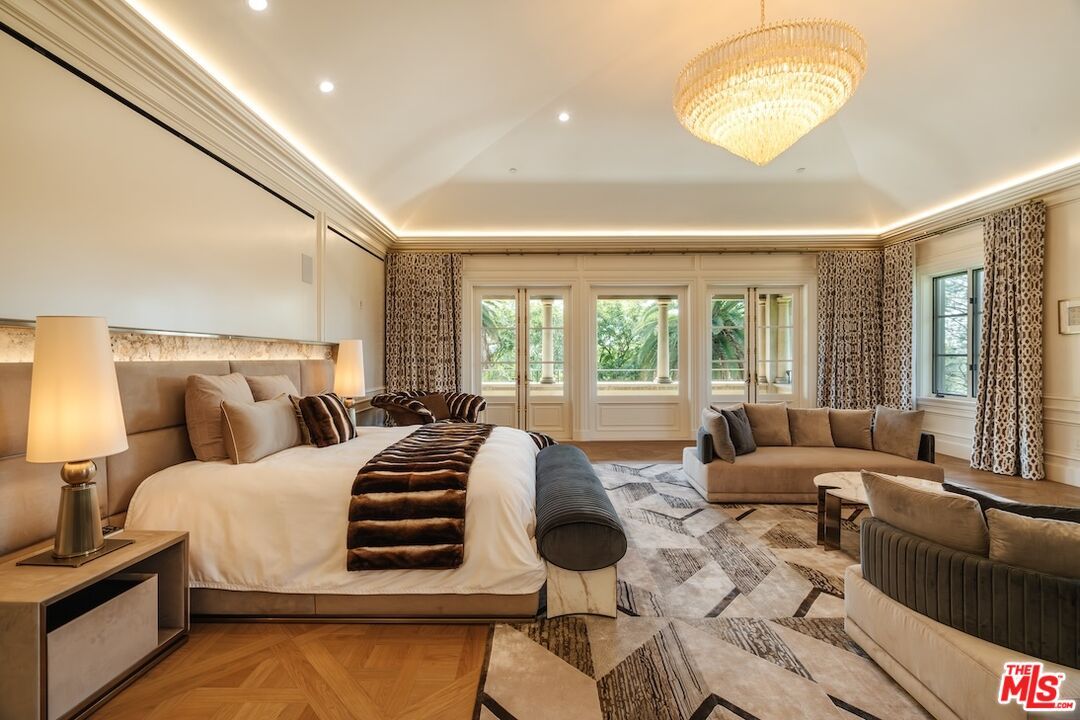 Bedroom, Chandelier, Interior, Recessed Lighting, Wood Texture Flooring