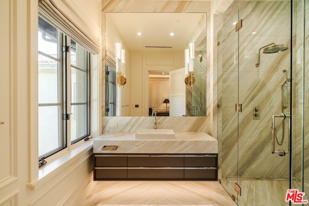 Bathroom, Glass Shower, Interior, Recessed Lighting, Wood Texture Flooring
