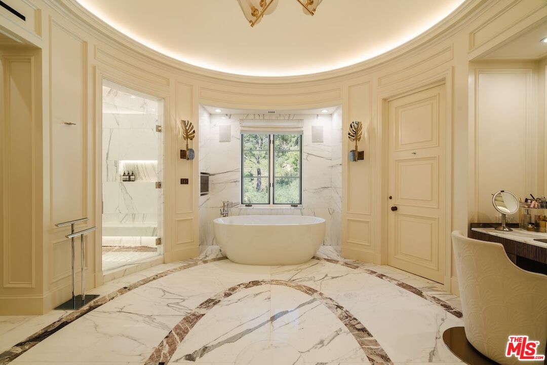 Bathroom, Free Standing Baths, Glass Shower, Interior, Marble, Marble Walls, Recessed Lighting