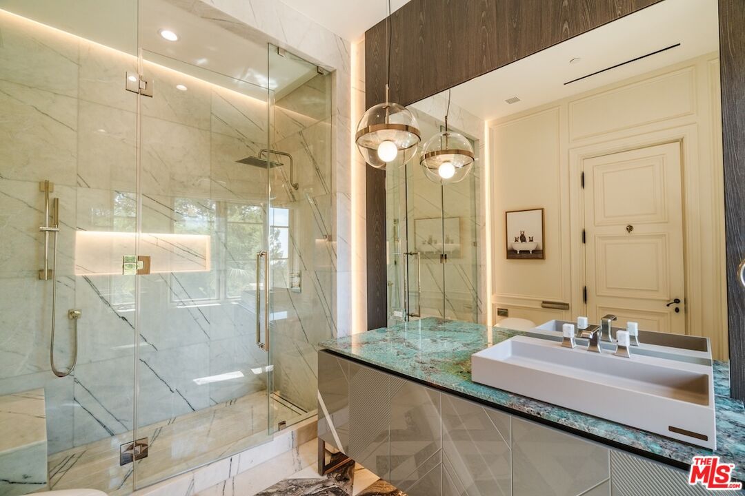 Bathroom, Glass Shower, Interior, Marble Walls, Recessed Lighting