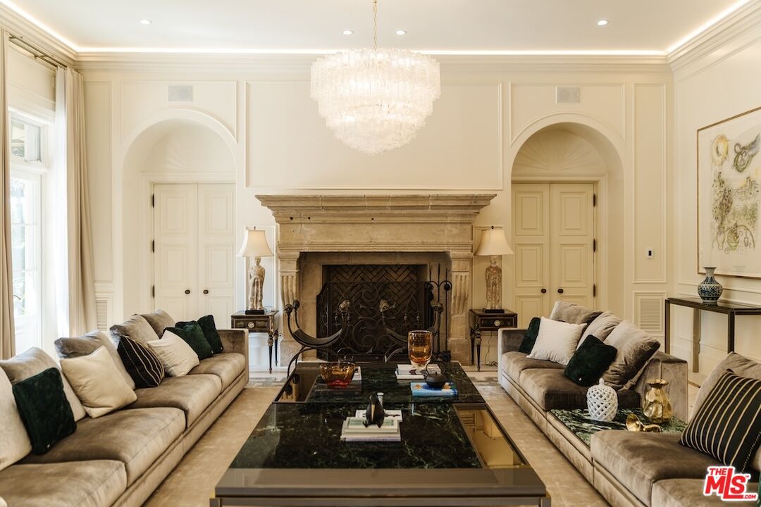 Chandelier, Fireplace, Interior, Living room, Recessed Lighting