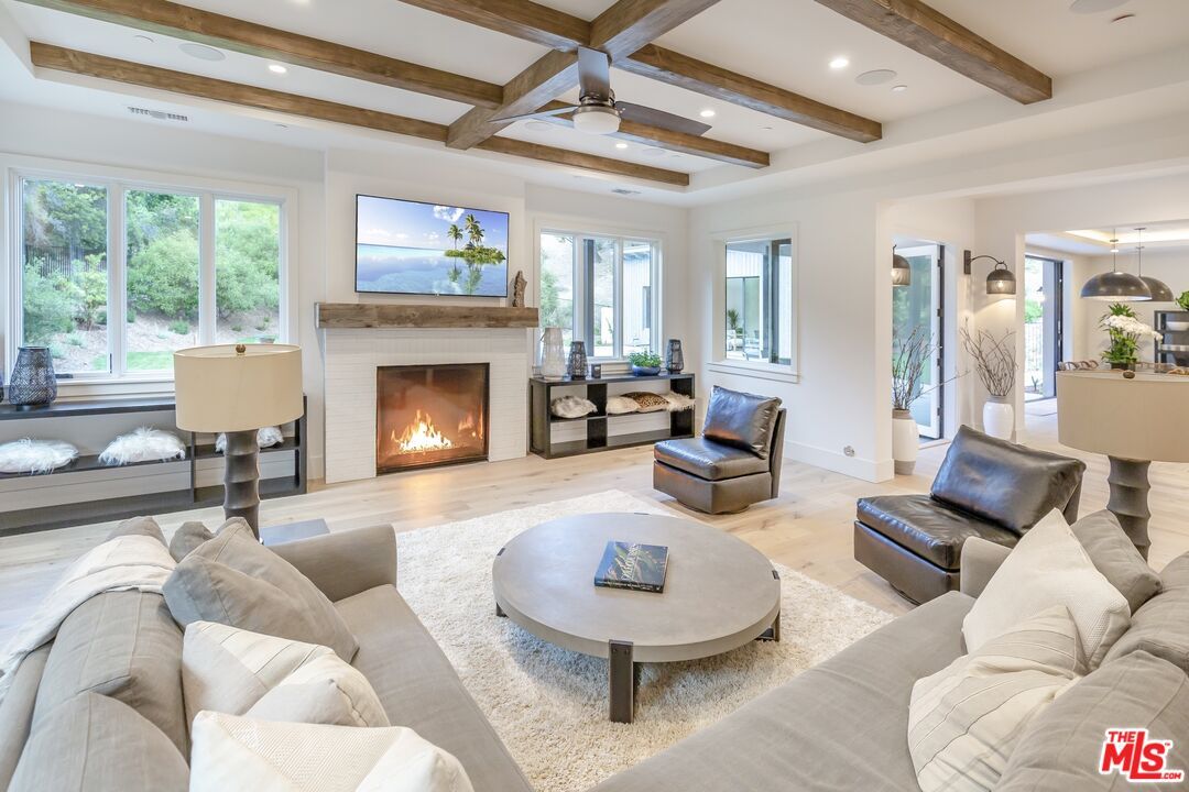 Fireplace, Interior, Living room, Recessed Lighting, Wooden Beams, Wood Texture Flooring