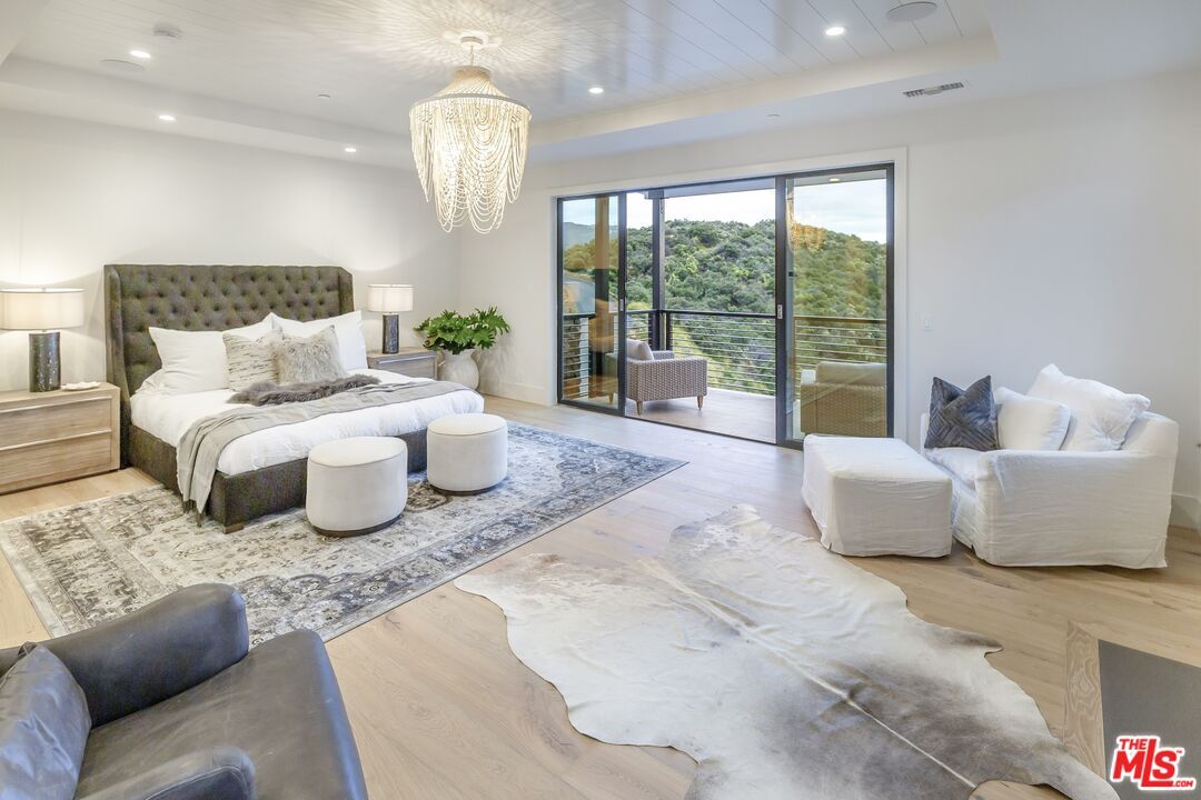 Bedroom, Chandelier, Interior, Recessed Lighting, Wood Texture Flooring