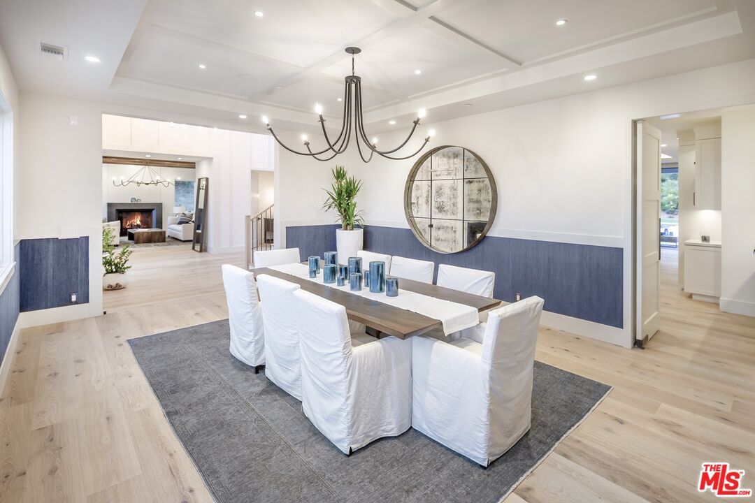 Chandelier, Dining room, Fireplace, Interior, Pendant Lights, Recessed Lighting, Wood Texture Flooring