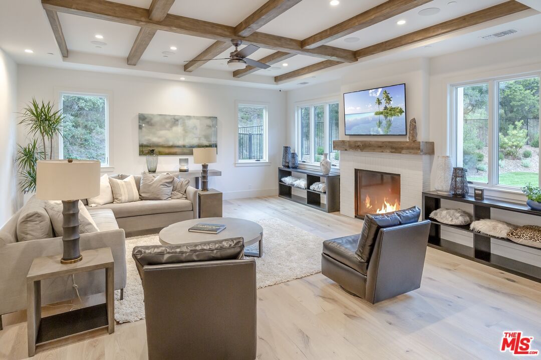 Fireplace, Interior, Living room, Recessed Lighting, Wooden Beams, Wood Texture Flooring