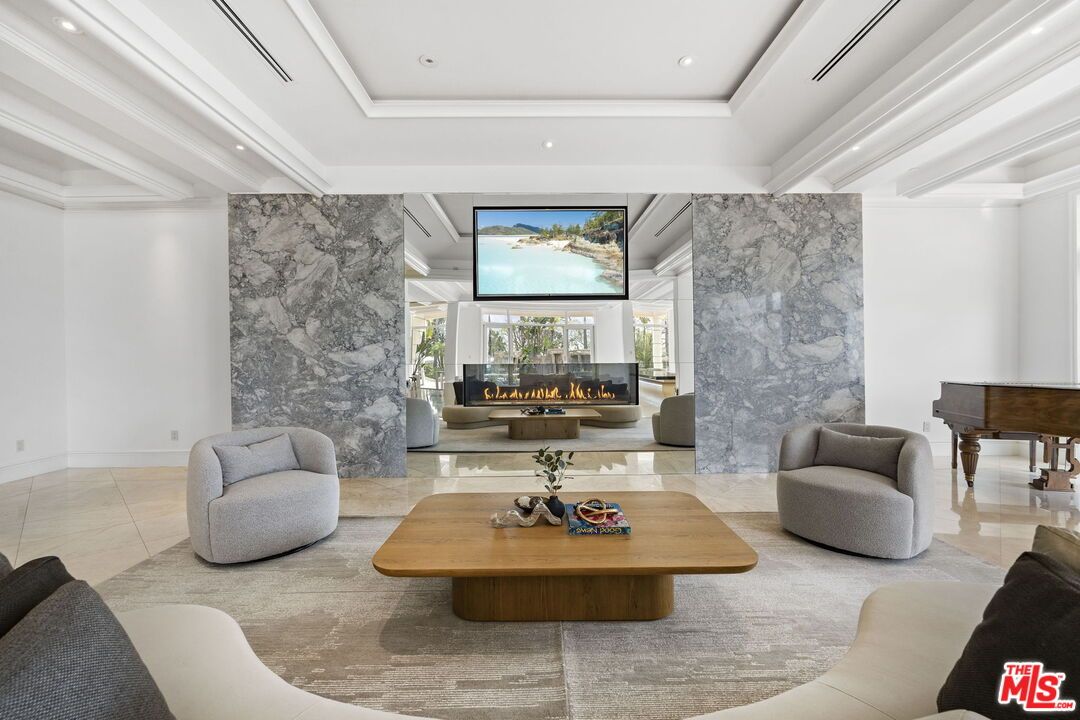 Fireplace, Interior, Living room, Marble Walls, Piano, Recessed Lighting