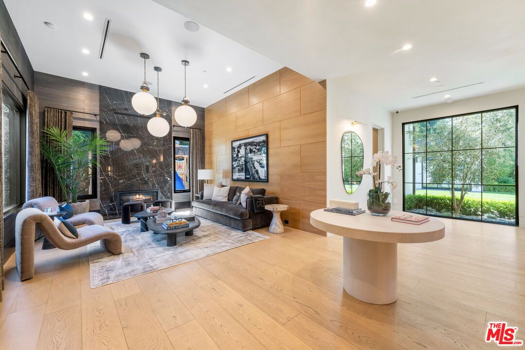 Fireplace, Interior, Living room, Pendant Lights, Recessed Lighting, Wood Texture Flooring, Wooden Walls