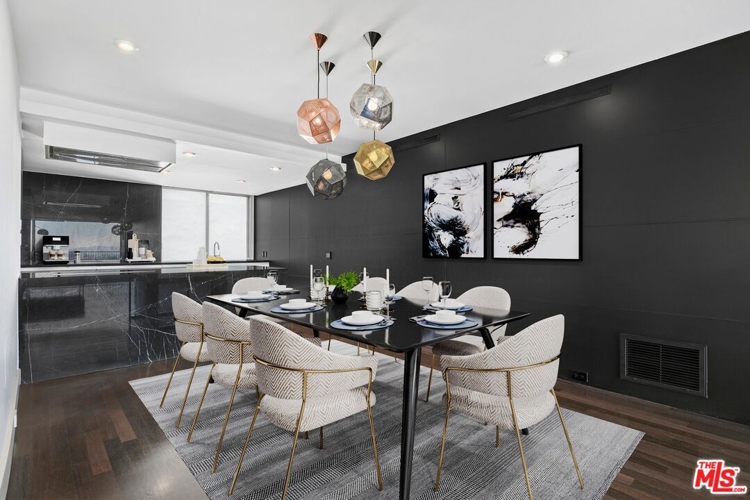 Dining room, Interior, Pendant Lights, Recessed Lighting, Wood Texture Flooring