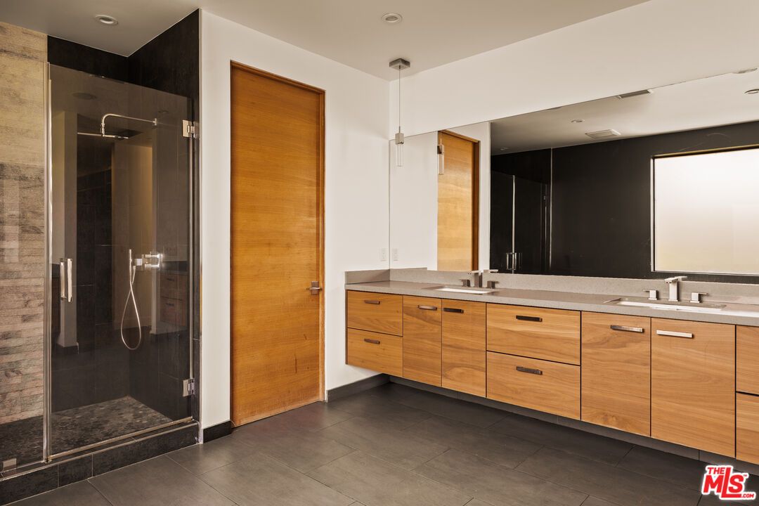 Bathroom, Dual Sink Vanities, Glass Shower, Interior, Pendant Lights, Recessed Lighting