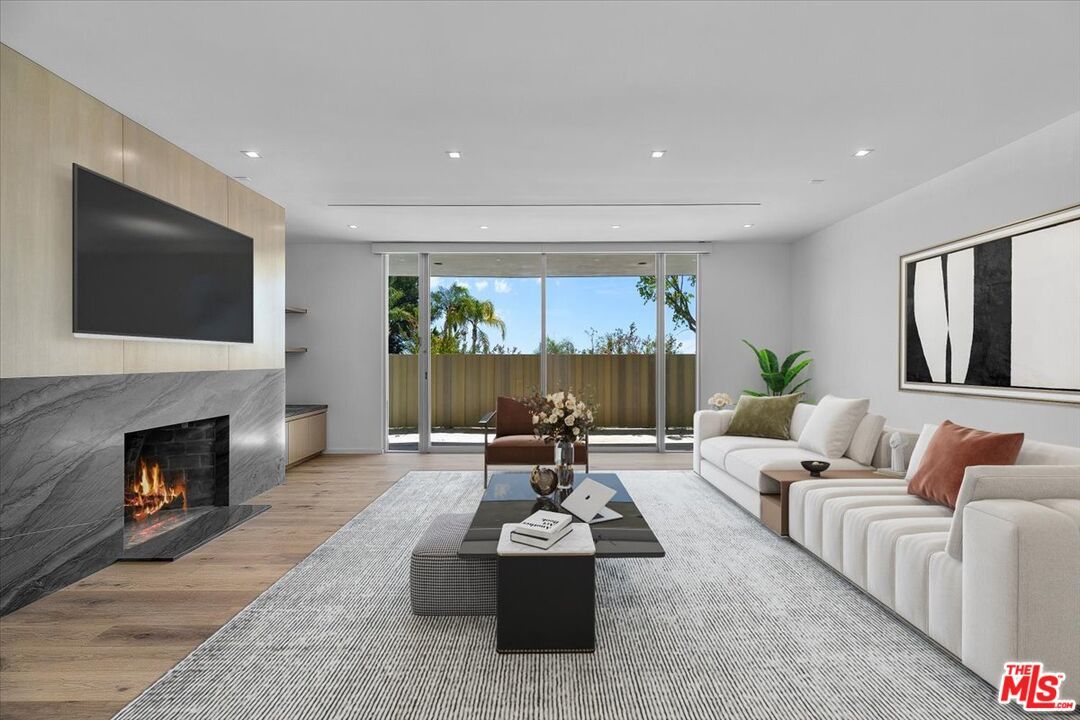 Fireplace, Interior, Living room, Recessed Lighting, Wood Texture Flooring