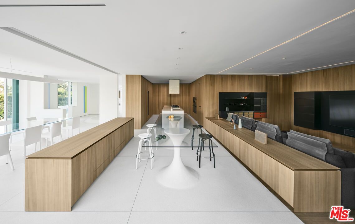 Dining room, Interior, Kitchen, Living room, Recessed Lighting, Wooden Walls
