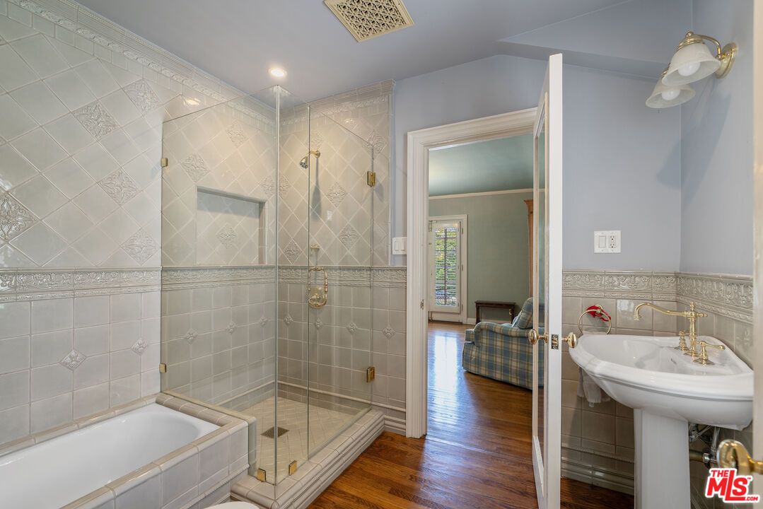 Bathroom, Glass Shower, Interior, Recessed Lighting, Wood Texture Flooring