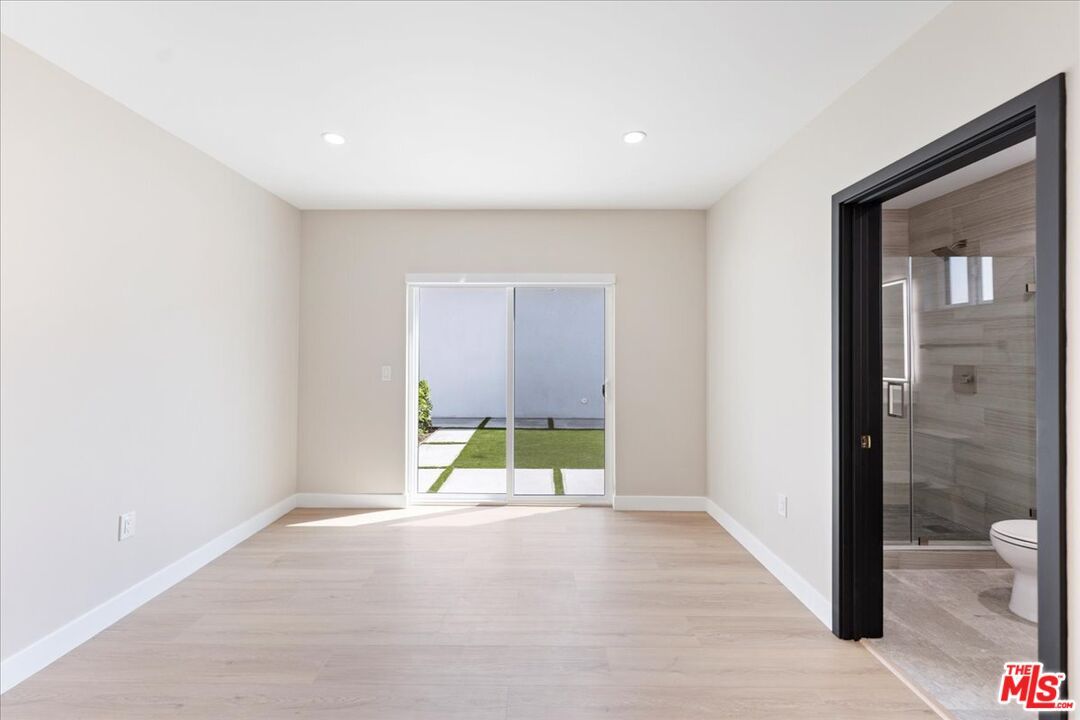 Bathroom, Empty room, Glass Shower, Interior, Recessed Lighting, Wood Texture Flooring