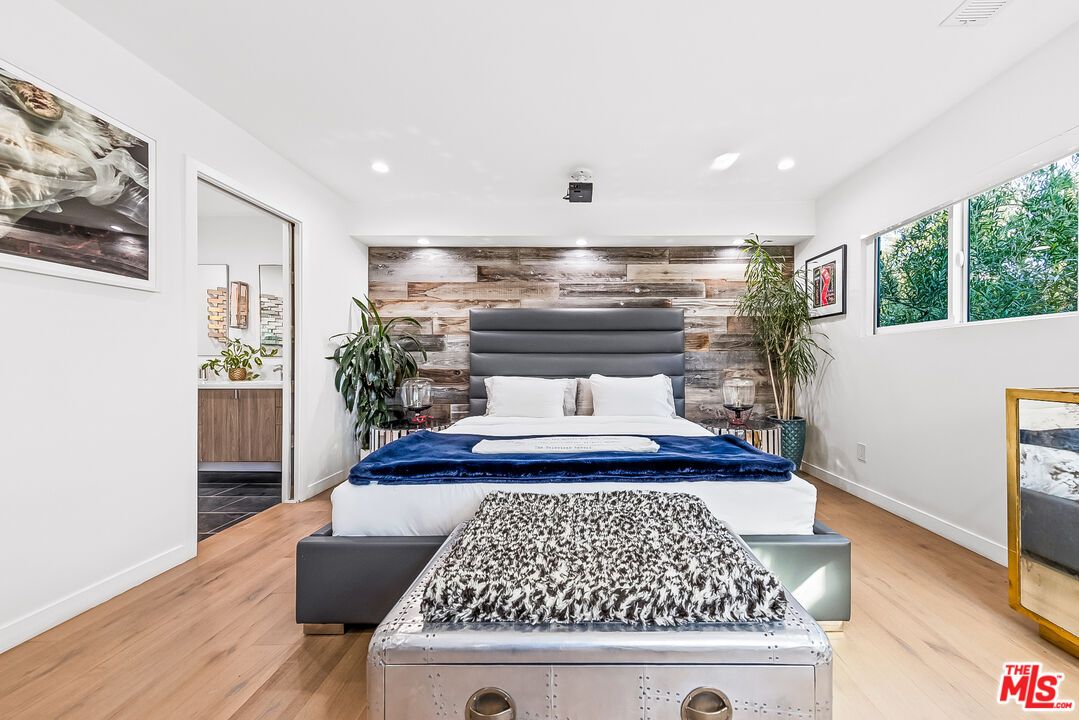 Bedroom, Interior, Recessed Lighting, Wood Texture Flooring, Wooden Walls