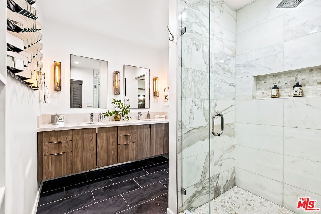 Bathroom, Dual Sink Vanities, Glass Shower, Interior, Marble Walls, Recessed Lighting