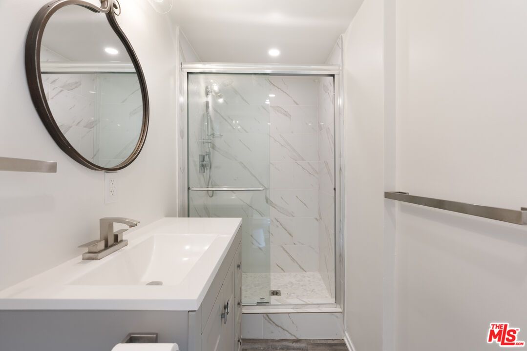 Bathroom, Glass Shower, Interior, Marble Walls, Recessed Lighting
