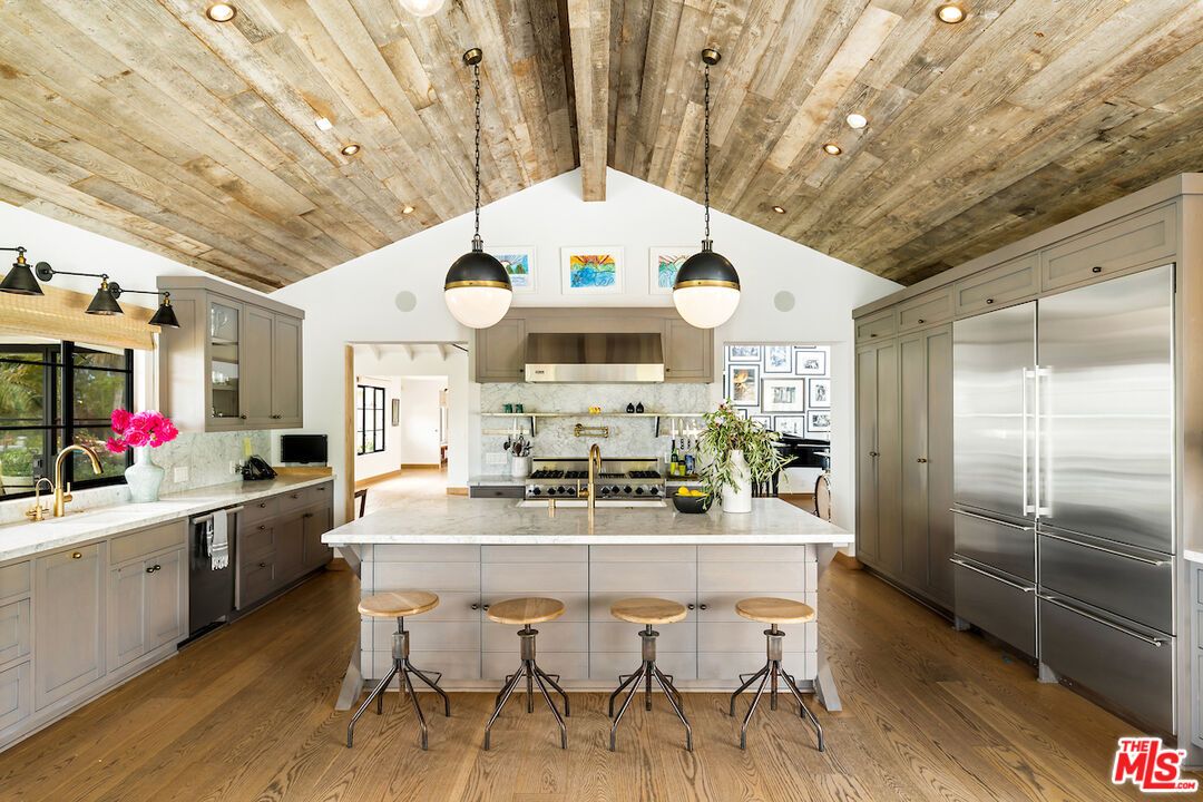 Interior, Kitchen, Pendant Lights, Recessed Lighting, Stainless Steel Appliances, Wooden Ceilings, Wood Texture Flooring