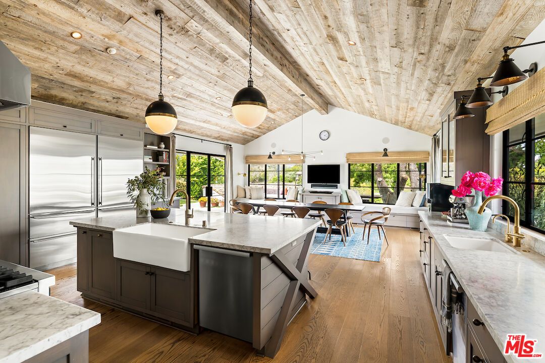 Dining room, Interior, Kitchen, Living room, Pendant Lights, Recessed Lighting, Stainless Steel Appliances, Wooden Ceilings, Wood Texture Flooring