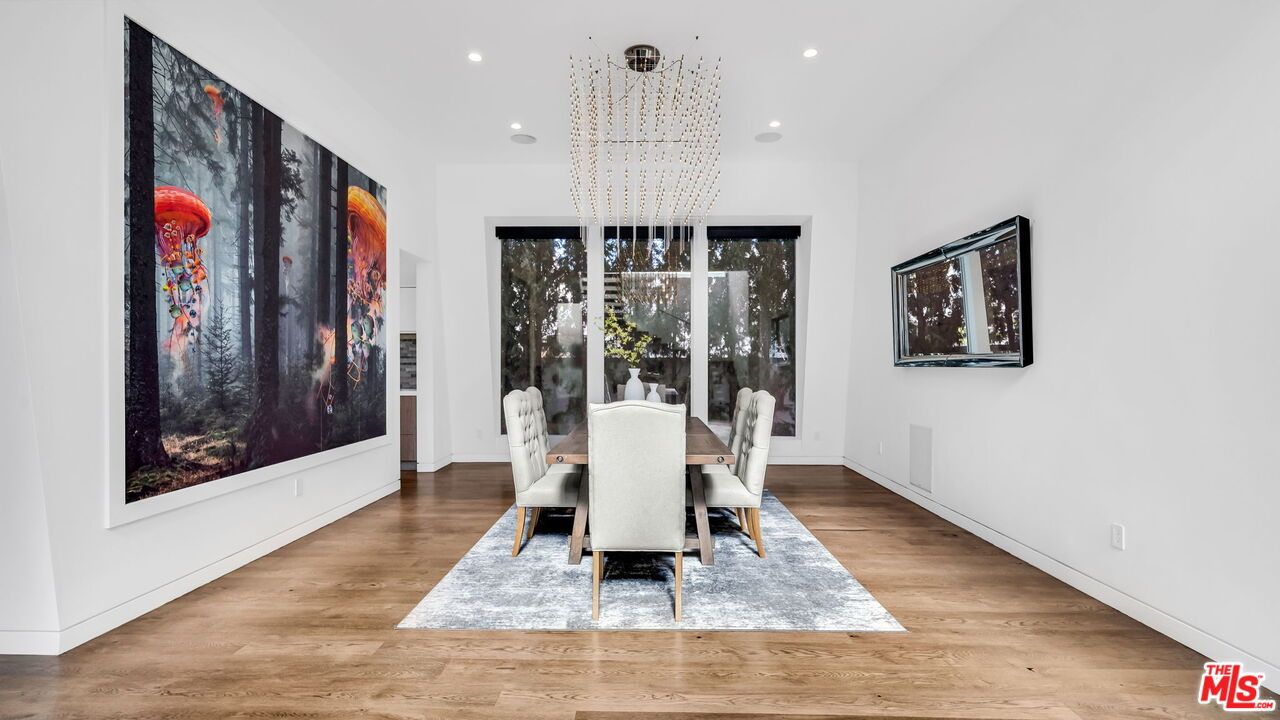 Dining room, Interior, Pendant Lights, Recessed Lighting, Wood Texture Flooring