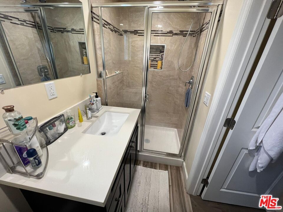 Bathroom, Glass Shower, Interior, Wood Texture Flooring