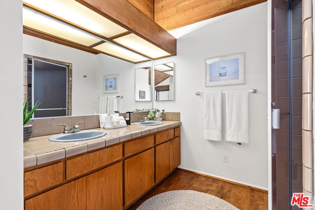 Bathroom, Dual Sink Vanities, Interior, Tile Countertops, Wooden Beams, Wood Texture Flooring