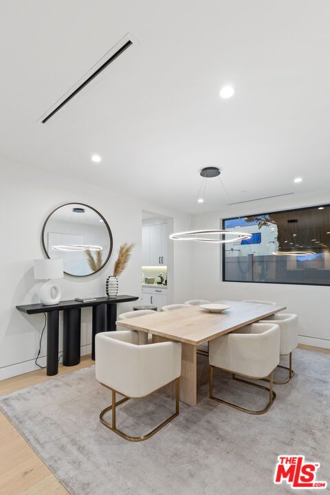 Dining room, Interior, Pendant Lights, Recessed Lighting, Wood Texture Flooring