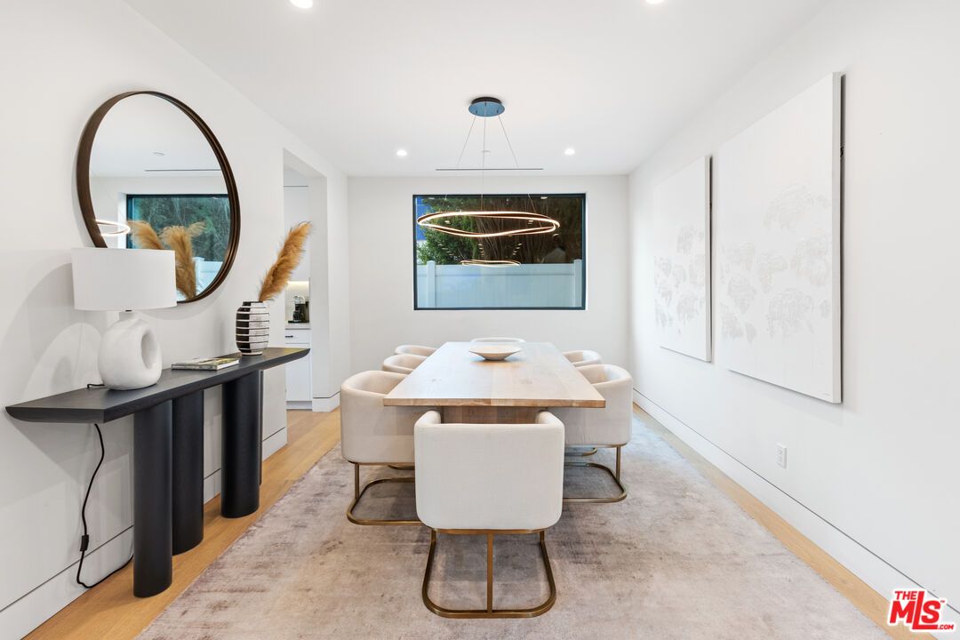 Dining room, Interior, Pendant Lights, Recessed Lighting, Wood Texture Flooring