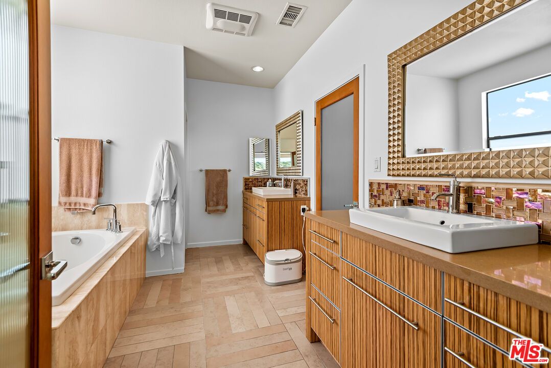 Bathroom, Dual Sink Vanities, Interior, Recessed Lighting, Wood Texture Flooring